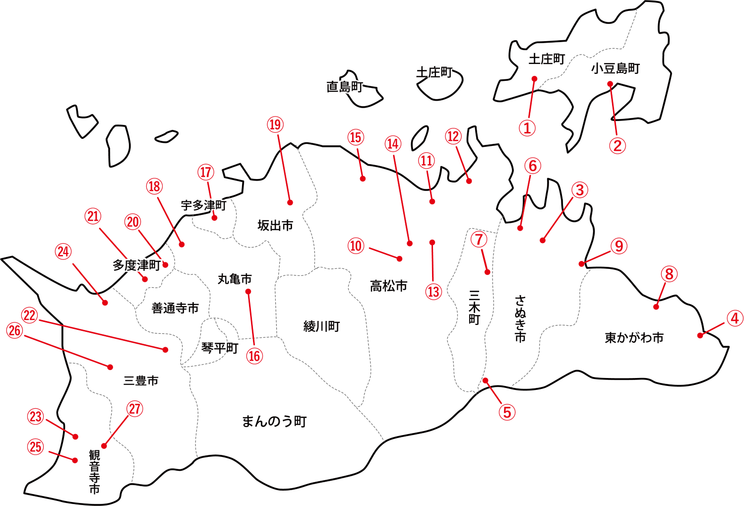 香川県の地図にロータスクラブ加盟店の場所が記されている。